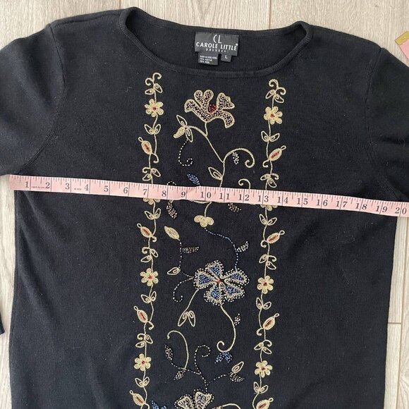Carole Little Wool Beaded Embroidered Knit Sweater Women Size Large Black Floral - Picture 9 of 10